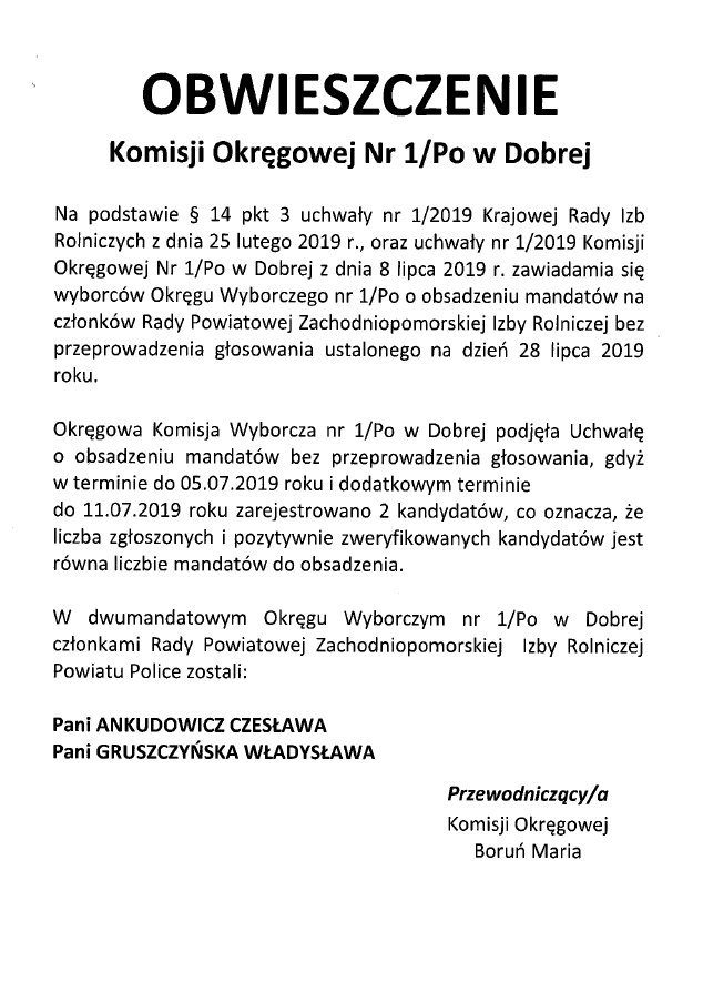 Obwieszczenie Komisji Okręgowej Nr 1/Po w Dobrej 