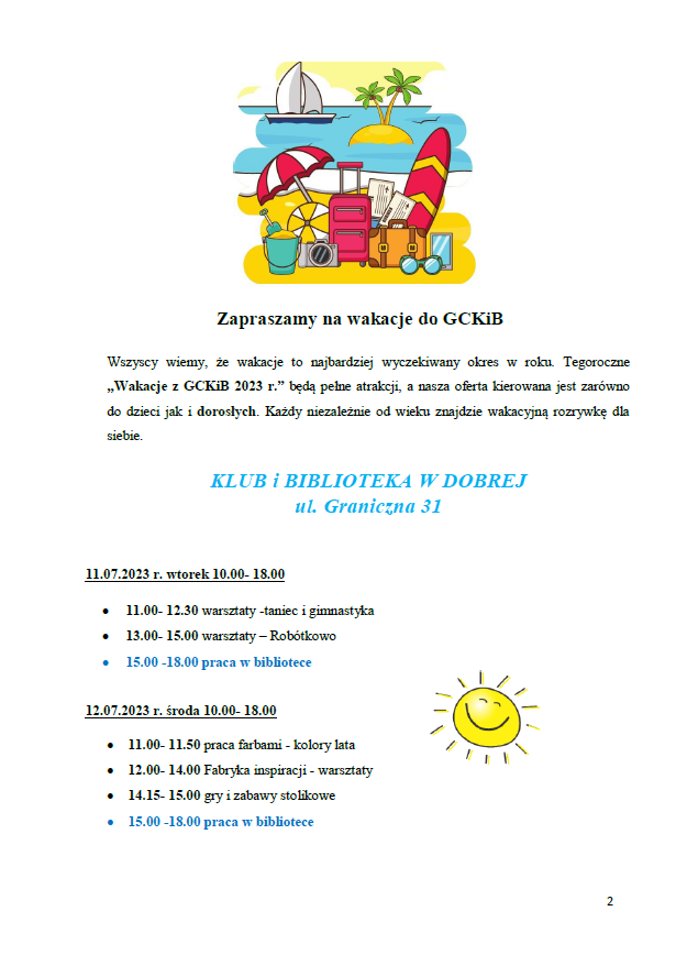 Plan zajęć wakacyjnych w Gminnym Centrum Kultury i Bibliotek